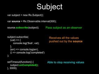 var subject = new Rx.Subject();
var source = Rx.Observable.interval(500);
source.subscribe(subject);
subject.subscribe(
(val) => {
console.log('Sub', val);
},
(err) => console.log(err),
() => console.log('completed')
);
setTimeout(function() {
subject.onCompleted();
}, 3000);
Pass subject as an observer
Receives all the values
pushed out by the source
Able to stop receiving values
Subject
 