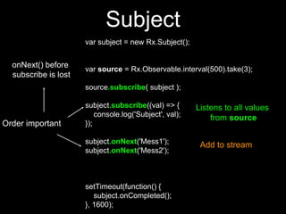 var subject = new Rx.Subject();
var source = Rx.Observable.interval(500).take(3);
source.subscribe( subject );
subject.subscribe((val) => {
console.log('Subject', val);
});
subject.onNext('Mess1');
subject.onNext('Mess2');
setTimeout(function() {
subject.onCompleted();
}, 1600);
Listens to all values
from source
Add to stream
Order important
Subject
onNext() before
subscribe is lost
 