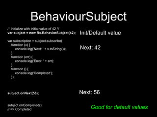 BehaviourSubject
Good for default values
/* Initialize with initial value of 42 */
var subject = new Rx.BehaviorSubject(42);
var subscription = subject.subscribe(
function (x) {
console.log('Next: ' + x.toString());
},
function (err) {
console.log('Error: ' + err);
},
function () {
console.log('Completed');
});
subject.onNext(56);
subject.onCompleted();
// => Completed
Init/Default value
Next: 42
Next: 56
 