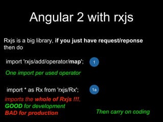 Angular 2 with rxjs
Rxjs is a big library, if you just have request/reponse
then do
import 'rxjs/add/operator/map';
One import per used operator
import * as Rx from 'rxjs/Rx';
imports the whole of Rxjs !!!,
GOOD for development
BAD for production Then carry on coding
1
1a
 