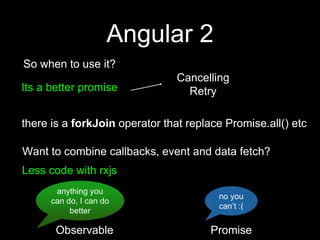 Angular 2
So when to use it?
Its a better promise
Cancelling
Retry
Want to combine callbacks, event and data fetch?
Less code with rxjs
there is a forkJoin operator that replace Promise.all() etc
anything you
can do, I can do
better
no you
can’t :(
Observable Promise
 