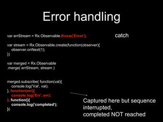 Error handling
catchvar errStream = Rx.Observable.throw('Error');
var stream = Rx.Observable.create(function(observer){
observer.onNext(1);
})
var merged = Rx.Observable
.merge( errStream, stream )
merged.subscribe( function(val){
console.log('Val', val);
}, function(err){
console.log('Err', err);
}, function(){
console.log('completed');
})
Captured here but sequence
interrupted,
completed NOT reached
 