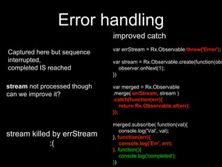 Error handling
improved catch
var errStream = Rx.Observable.throw('Error');
var stream = Rx.Observable.create(function(obs
observer.onNext(1);
})
var merged = Rx.Observable
.merge( errStream, stream )
.catch(function(err){
return Rx.Observable.of(err);
});
merged.subscribe( function(val){
console.log('Val', val);
}, function(err){
console.log('Err', err);
}, function(){
console.log('completed');
})
Captured here but sequence
interrupted,
completed IS reached
stream not processed though
can we improve it?
stream killed by errStream
:(
 