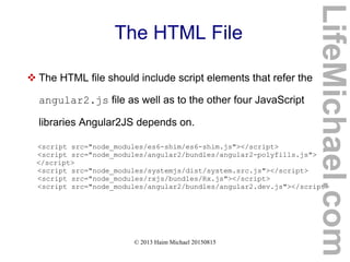 © 2013 Haim Michael 20150815
The HTML File
 The HTML file should include script elements that refer the
angular2.js file as well as to the other four JavaScript
libraries Angular2JS depends on.
<script src="node_modules/es6-shim/es6-shim.js"></script>
<script src="node_modules/angular2/bundles/angular2-polyfills.js">
</script>
<script src="node_modules/systemjs/dist/system.src.js"></script>
<script src="node_modules/rxjs/bundles/Rx.js"></script>
<script src="node_modules/angular2/bundles/angular2.dev.js"></script>
LifeMichael.com
 