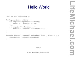 © 2013 Haim Michael, lifemichael.com
Hello World
function AppComponent() {}
AppComponent.annotations = [
new angular.ComponentAnnotation({
selector: 'my-application'
}),
new angular.ViewAnnotation({
template: '<h1>Hello Friends:)</h1>'
})
];
document.addEventListener('DOMContentLoaded', function() {
angular.bootstrap(AppComponent);
});
main.js
LifeMichael.com
 