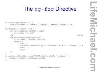 © 2013 Haim Michael 20150815
The ng-for Directive
main.js
function AppComponent() {
this.countries = ['France','Italy','Germany','Austria'];
}
AppComponent.annotations = [
new angular.ComponentAnnotation({
selector: 'my-app'
}),
new angular.ViewAnnotation({
directives: [angular.NgFor],
template:
'<ul>' +
'<li *ng-for="#country of countries">' + '{{ country }}' +
'</li>' +
'</ul>'
})
];
document.addEventListener('DOMContentLoaded', function() {
angular.bootstrap(AppComponent);
});
LifeMichael.com
 