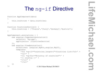 © 2013 Haim Michael 20150815
The ng-if Directive
function AppComponent(data)
{
this.countries = data.countries;
}
function CountriesService() {
this.countries = ['France','Italy','Germany','Austria'];
}
AppComponent.annotations = [
new angular.ComponentAnnotation({
selector: 'my-app',
appInjector: [CountriesService]
}),
new angular.ViewAnnotation({
directives: [angular.NgFor,angular.NgIf],
template:
'<h3 *ng-if="countries.length>1">Countries List</h3>' +
'<ul>' +
'<li *ng-for="#country of countries">' +
'{{ country }}' +
'</li>' +
'</ul>'
})
];
LifeMichael.com
 
