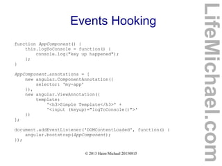 © 2013 Haim Michael 20150815
Events Hooking
function AppComponent() {
this.logToConsole = function() {
console.log("key up happened");
};
}
AppComponent.annotations = [
new angular.ComponentAnnotation({
selector: 'my-app'
}),
new angular.ViewAnnotation({
template:
'<h3>Simple Template</h3>' +
'<input (keyup)="logToConsole()">'
})
];
document.addEventListener('DOMContentLoaded', function() {
angular.bootstrap(AppComponent);
});
LifeMichael.com
 