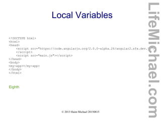 © 2013 Haim Michael 20150815
Local Variables
<!DOCTYPE html>
<html>
<head>
<script src="https://code.angularjs.org/2.0.0-alpha.26/angular2.sfx.dev.js">
</script>
<script src="main.js"></script>
</head>
<body>
<my-app></my-app>
</body>
</html>
Eighth
LifeMichael.com
 