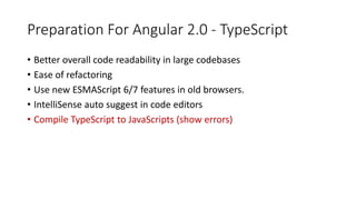 Preparation For Angular 2.0 - TypeScript
• Better overall code readability in large codebases
• Ease of refactoring
• Use new ESMAScript 6/7 features in old browsers.
• IntelliSense auto suggest in code editors
• Compile TypeScript to JavaScripts (show errors)
 