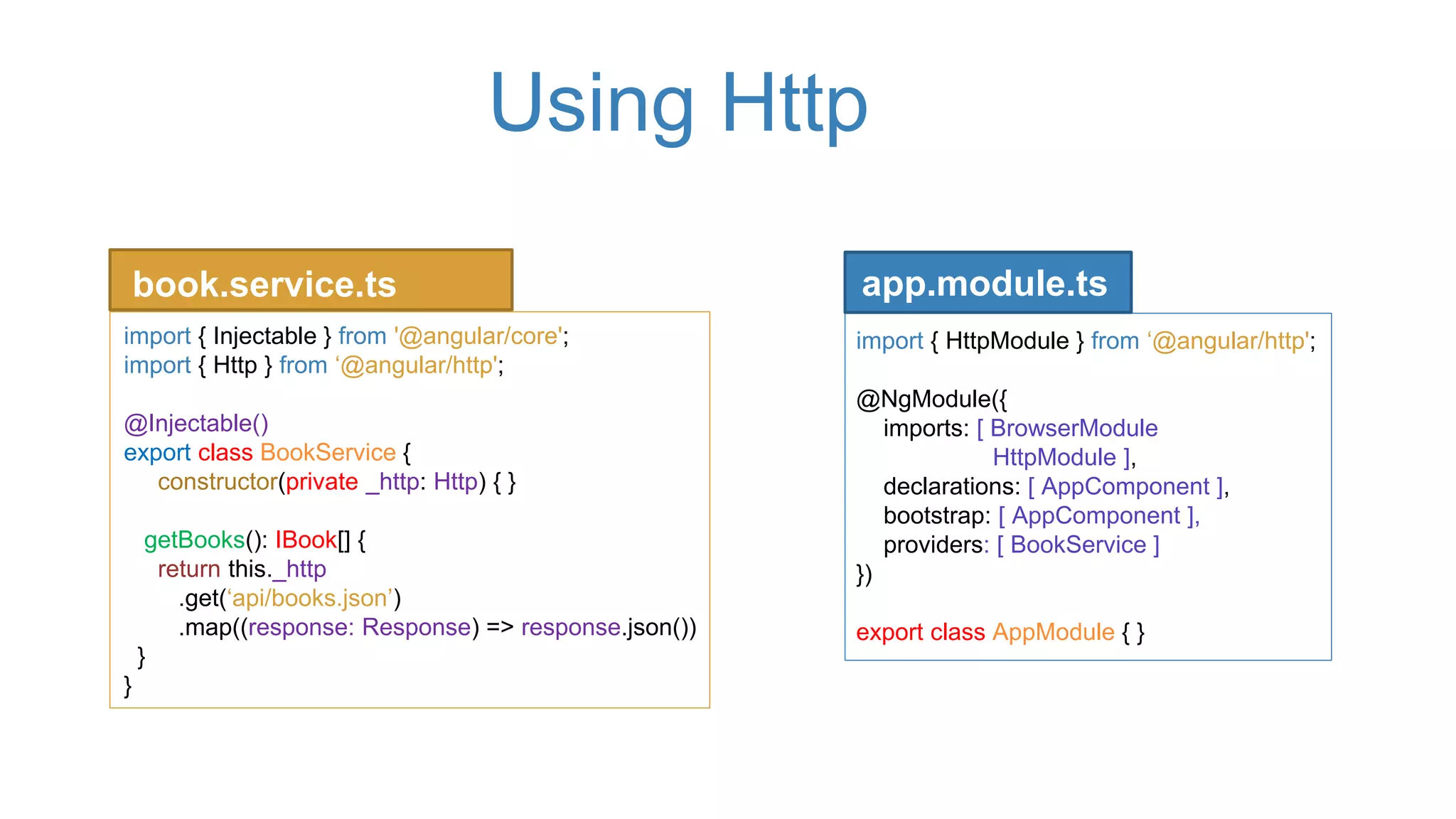 Using Http
import { HttpModule } from ‘@angular/http';
@NgModule({
imports: [ BrowserModule
HttpModule ],
declarations: [ AppComponent ],
bootstrap: [ AppComponent ],
providers: [ BookService ]
})
export class AppModule { }
book.service.ts
import { Injectable } from '@angular/core';
import { Http } from ‘@angular/http';
@Injectable()
export class BookService {
constructor(private _http: Http) { }
getBooks(): IBook[] {
return this._http
.get(‘api/books.json’)
.map((response: Response) => response.json())
}
}
app.module.ts
 