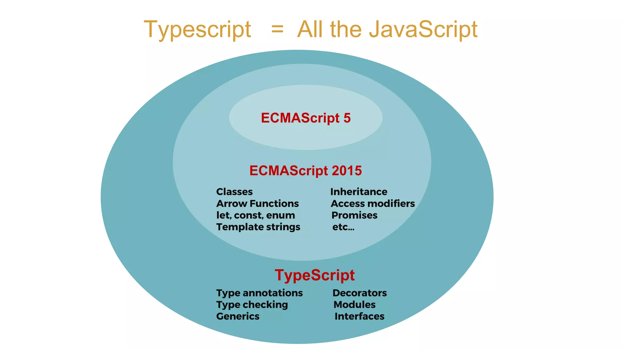 White
ECMAScript 5
ECMAScript 2015
TypeScript
Typescript = All the JavaScript
 