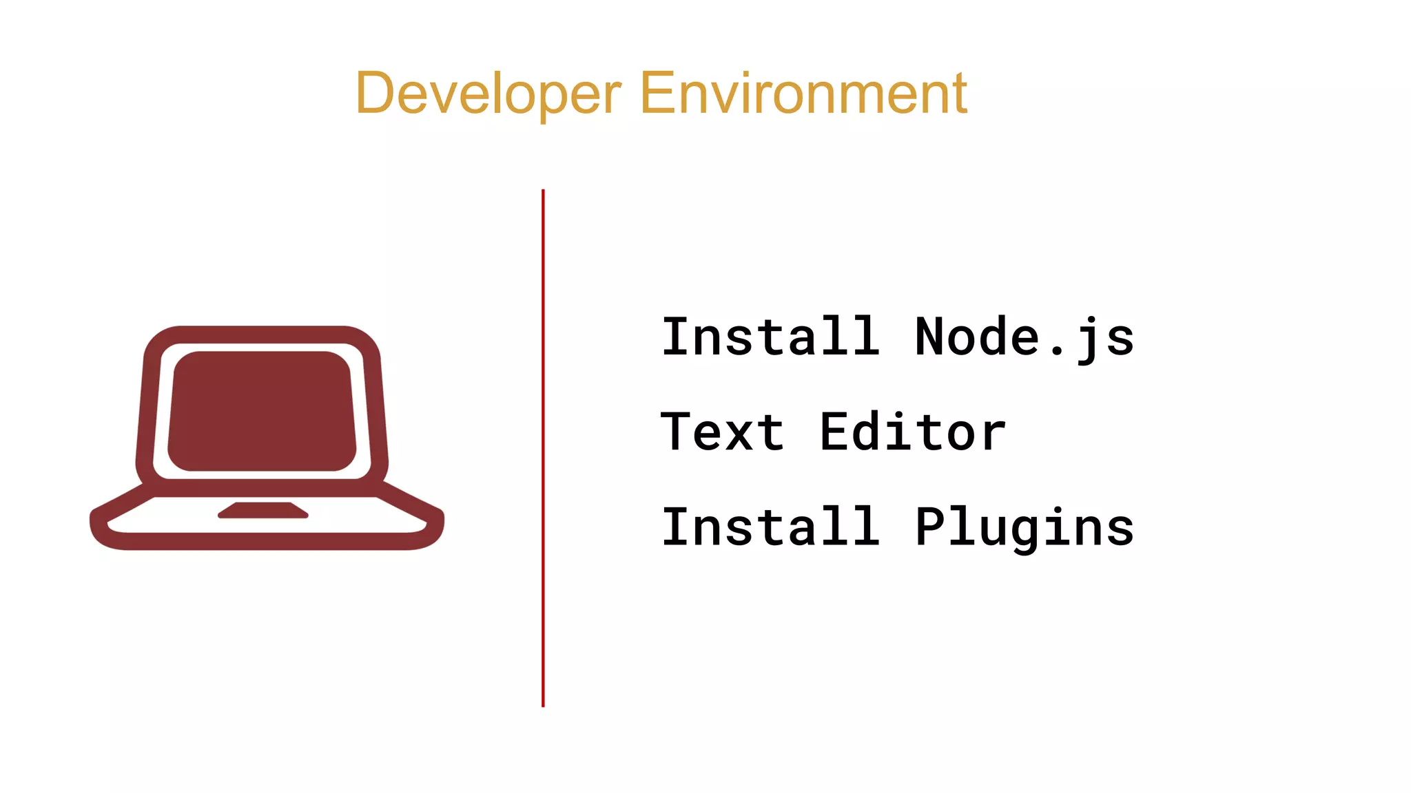 Install Node.js
Text Editor
Install Plugins
Developer Environment
 