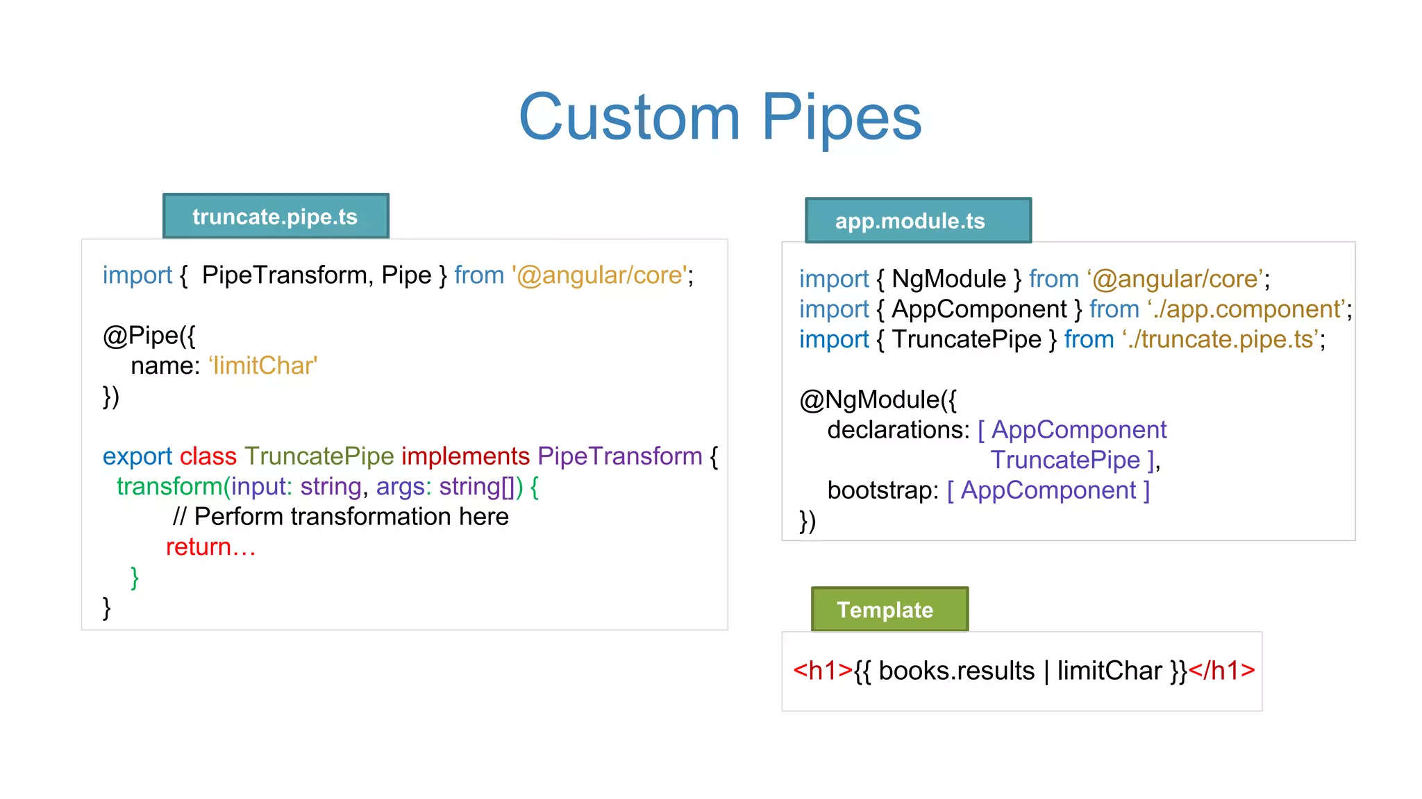 Custom Pipes
Template
import { PipeTransform, Pipe } from '@angular/core';
@Pipe({
name: ‘limitChar'
})
export class TruncatePipe implements PipeTransform {
transform(input: string, args: string[]) {
// Perform transformation here
return…
}
}
truncate.pipe.ts
<h1>{{ books.results | limitChar }}</h1>
import { NgModule } from ‘@angular/core’;
import { AppComponent } from ‘./app.component’;
import { TruncatePipe } from ‘./truncate.pipe.ts’;
@NgModule({
declarations: [ AppComponent
TruncatePipe ],
bootstrap: [ AppComponent ]
})
app.module.ts
 