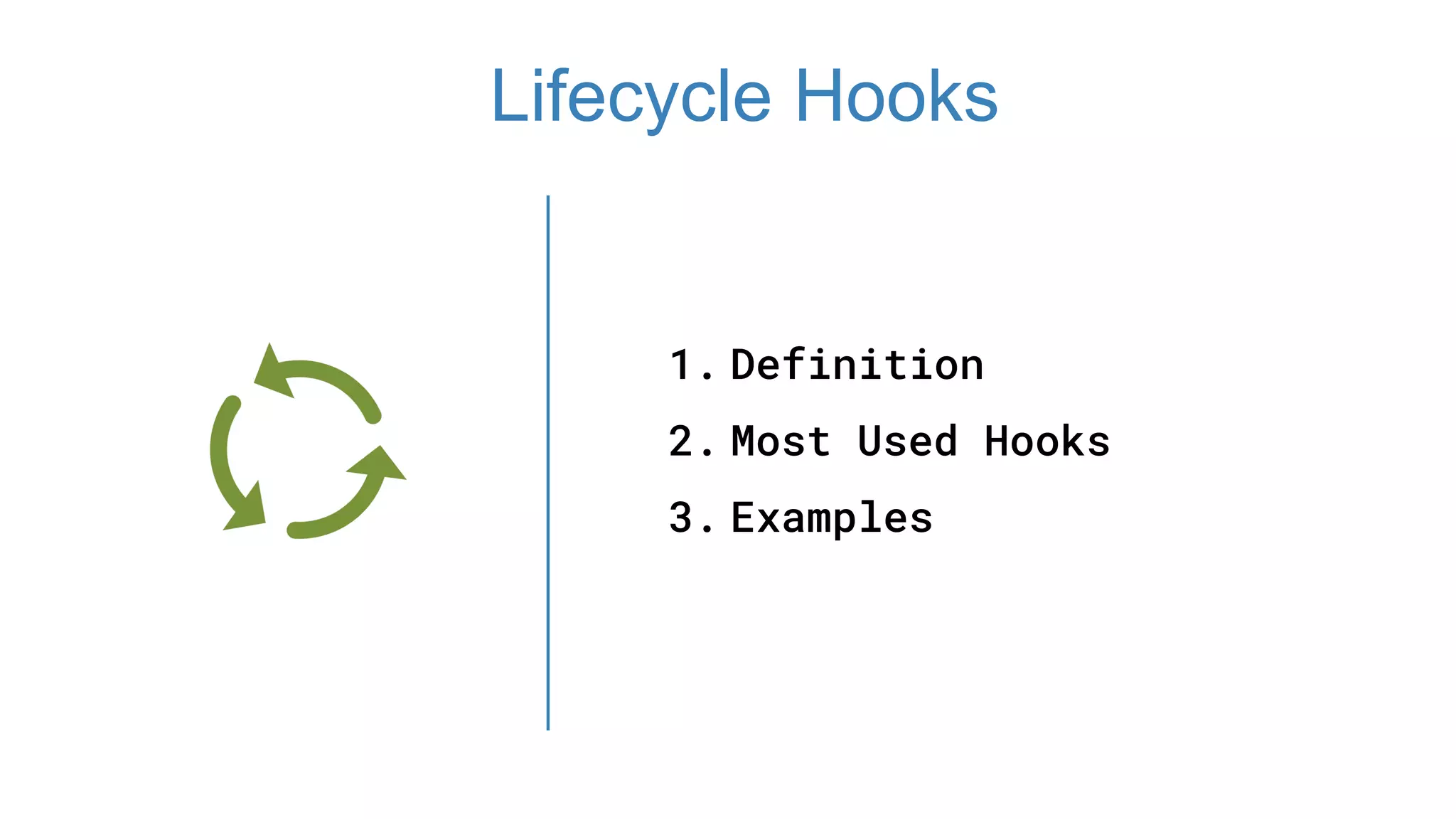 1. Definition
2. Most Used Hooks
3. Examples
Lifecycle Hooks
 