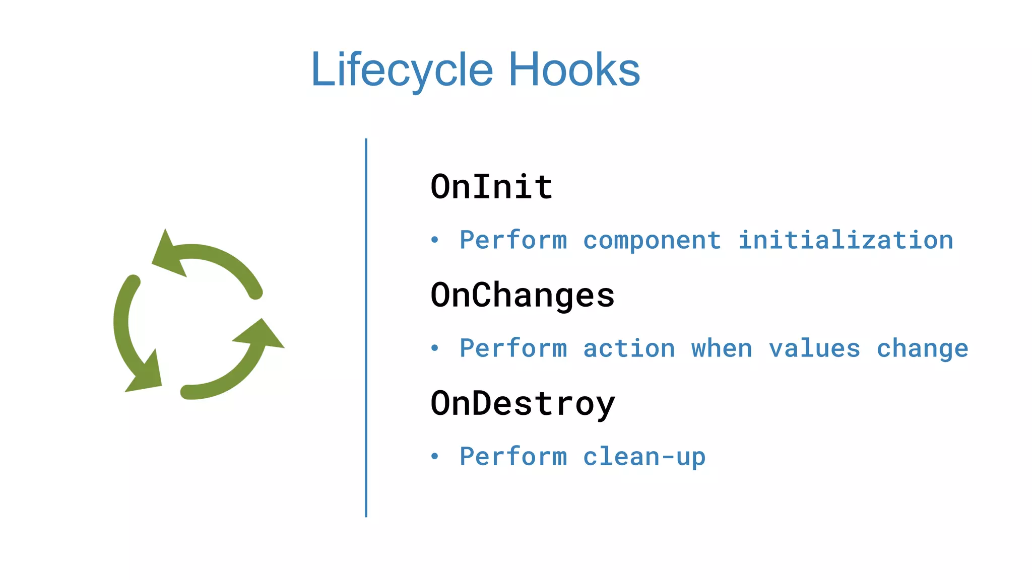 OnInit
• Perform component initialization
OnChanges
• Perform action when values change
OnDestroy
• Perform clean-up
Lifecycle Hooks
 