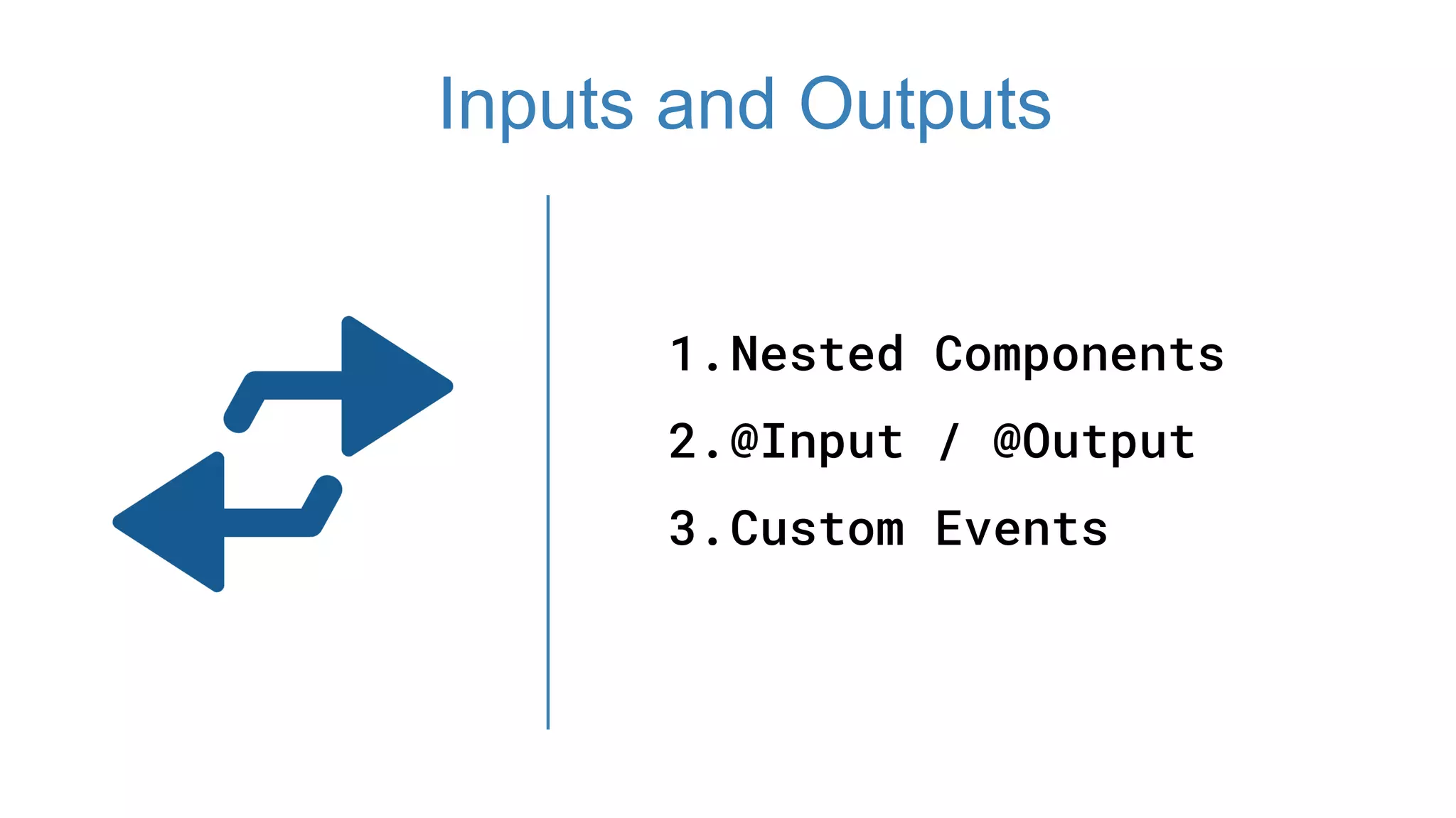 1.Nested Components
2.@Input / @Output
3.Custom Events
Inputs and Outputs
 