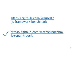 https://github.com/krausest/
js-framework-benchmark
https://github.com/mathieuancelin/
js-repaint-perfs
32
 