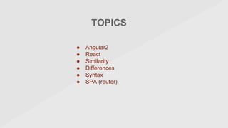 TOPICS
● Angular2
● React
● Similarity
● Differences
● Syntax
● SPA (router)
 