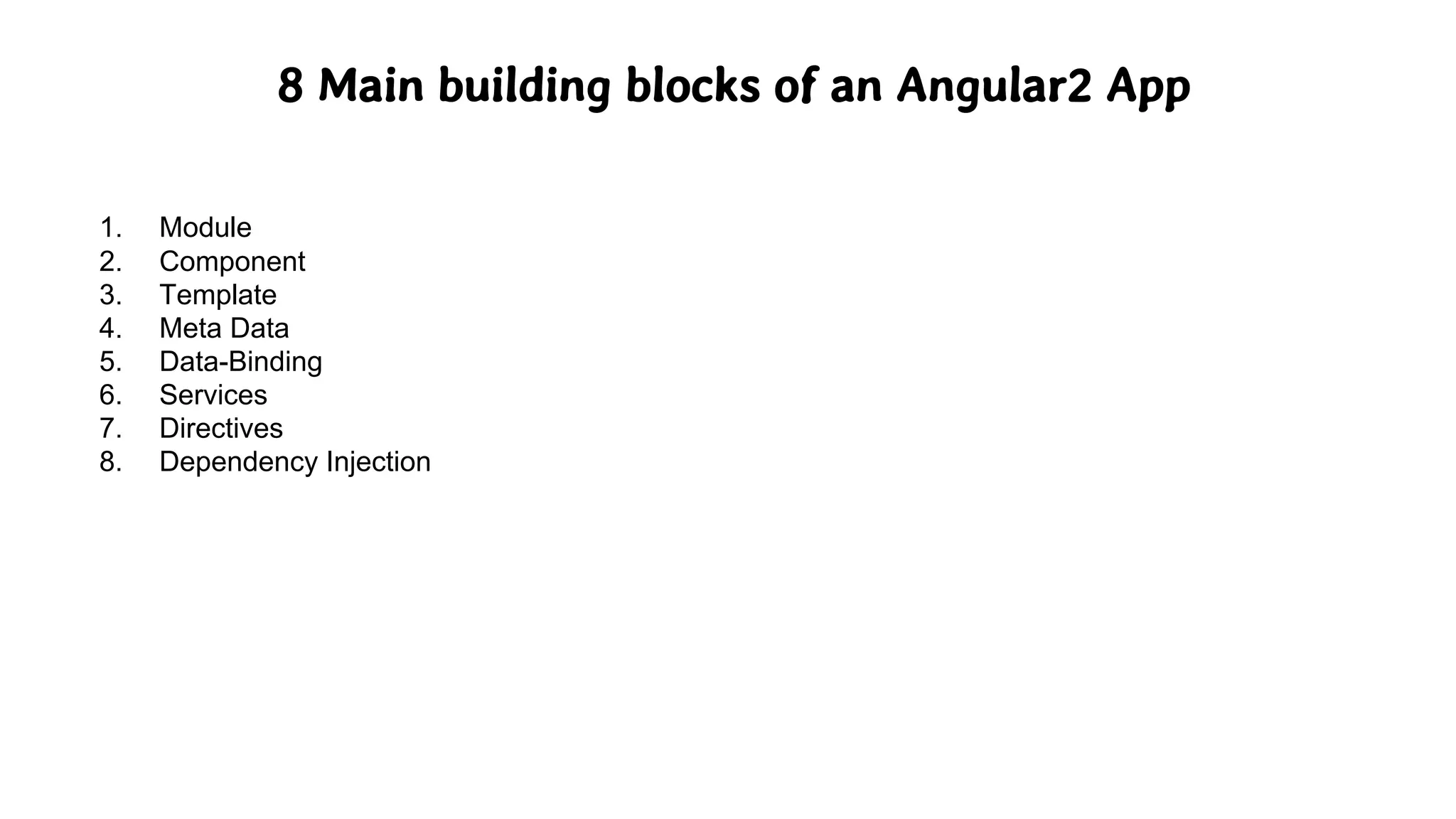 8 Main building blocks of an Angular2 App
1. Module
2. Component
3. Template
4. Meta Data
5. Data-Binding
6. Services
7. Directives
8. Dependency Injection
 