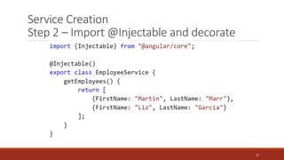 Service Creation
Step 2 – Import @Injectable and decorate
23
 