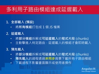 AngularJS
User Group Taiwan
1. 全部載入 (預設)
• 將所有模組打包成 1 個 JS 檔案
2. 延遲載入
• 將部分模組拆解成可延遲載入的程式片段 (chunks)
• 主動擊進入特定路由，延遲載入的模組才會即時載入
3. 預先載入
• 將部分模組拆解成可延遲載入的程式片段 (chunks)
• 預先載入的過程透過非同步背景下載所有子路由模組
• 下載過程不影響畫面顯示或使用者操作
多利用子路由模組達成延遲載入
 