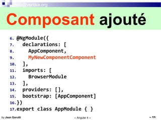 info@vertika.org
-- Angular 4 -- -- 11by Jean Garutti
6. @NgModule({
7. declarations: [
8. AppComponent,
9. MyNewComponentComponent
10. ],
11. imports: [
12. BrowserModule
13. ],
14. providers: [],
15. bootstrap: [AppComponent]
16.})
17.export class AppModule { }
Composant ajouté
 