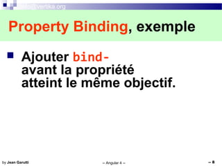 info@vertika.org
-- Angular 4 -- -- 8by Jean Garutti
 Ajouter bind-
avant la propriété
atteint le même objectif.
Property Binding, exemple
 