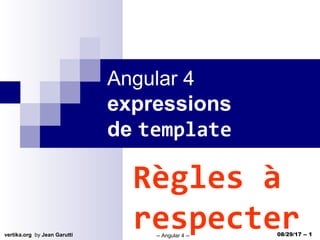 vertika.org by Jean Garutti -- Angular 4 -- 08/29/17 -- 1
Angular 4
expressions
de template
Règles à
respecter
 