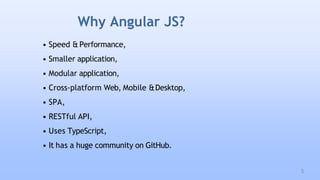 Why Angular JS?
• Speed &Performance,
• Smaller application,
• Modular application,
• Cross-platform Web, Mobile &Desktop,
• SPA,
• RESTful API,
• Uses TypeScript,
• It has a huge community on GitHub.
5
 