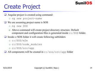 Create Project
 Angular project is created using command:
o ng new project-name
 We are assuming project name is SOS
o ng new SOS
o Above command will create project directory structure. Default
component and configuration files is generated inside c:/SOS folder.
 Inside c:/SOS folder it will create following subfolders
o c:/SOS/e2e
o c:/SOS/node_modules
o c:/SOS/src/app
 All components will be created in c:/sos/src/app folder
Copyright (c) SunilOS ( Rays ) 149/21/2019
 