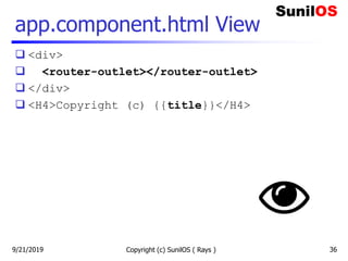 app.component.html View
 <div>
 <router-outlet></router-outlet>
 </div>
 <H4>Copyright (c) {{title}}</H4>
Copyright (c) SunilOS ( Rays ) 369/21/2019
 