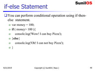if-else Statement
You can perform conditional operation using if-then-
else statement.
o var money = 100;
o if ( money> 100 ){
o console.log('Wow! I can buy Pizza');
o }else{
o console.log('Oh! I can not buy Pizza');
o }
9/21/2019 Copyright (c) SunilOS ( Rays ) 49
 
