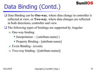 Data Binding (Contd.)
 Data Binding can be One-way, where data change in controller is
reflected at view, or Two-way, where data changes are reflected
in both directions; controller and view.
 The following types of bindings are supported by Angular:
o One-way binding
 Interpolation - {{attribute-name}}
 Property Binding - [attribute-name]
o Event Binding - (event)
o Two-way binding - [(attribute-name)]
Copyright (c) SunilOS ( Rays ) 579/21/2019
 