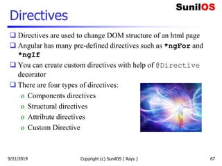 Directives
 Directives are used to change DOM structure of an html page
 Angular has many pre-defined directives such as *ngFor and
*ngIf
 You can create custom directives with help of @Directive
decorator
 There are four types of directives:
o Components directives
o Structural directives
o Attribute directives
o Custom Directive
Copyright (c) SunilOS ( Rays ) 679/21/2019
 