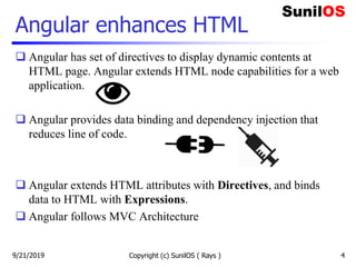 Angular enhances HTML
 Angular has set of directives to display dynamic contents at
HTML page. Angular extends HTML node capabilities for a web
application.
 Angular provides data binding and dependency injection that
reduces line of code.
 Angular extends HTML attributes with Directives, and binds
data to HTML with Expressions.
 Angular follows MVC Architecture
9/21/2019 Copyright (c) SunilOS ( Rays ) 4
 