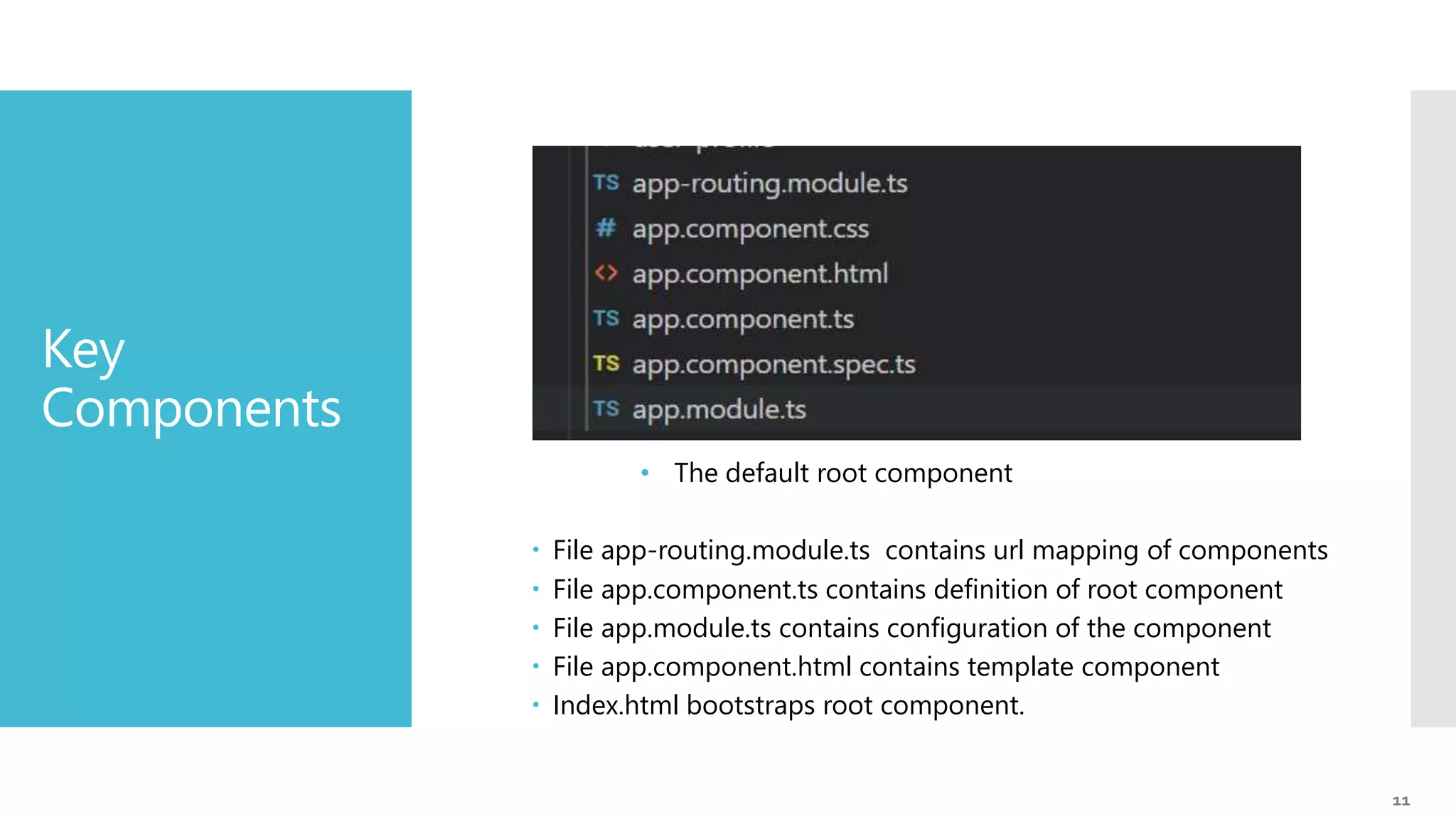 11 Key Components • The default root component  File app-routing.module.ts contains url mapping of components  File app.component.ts contains definition of root component  File app.module.ts contains configuration of the component  File app.component.html contains template component  Index.html bootstraps root component. 
