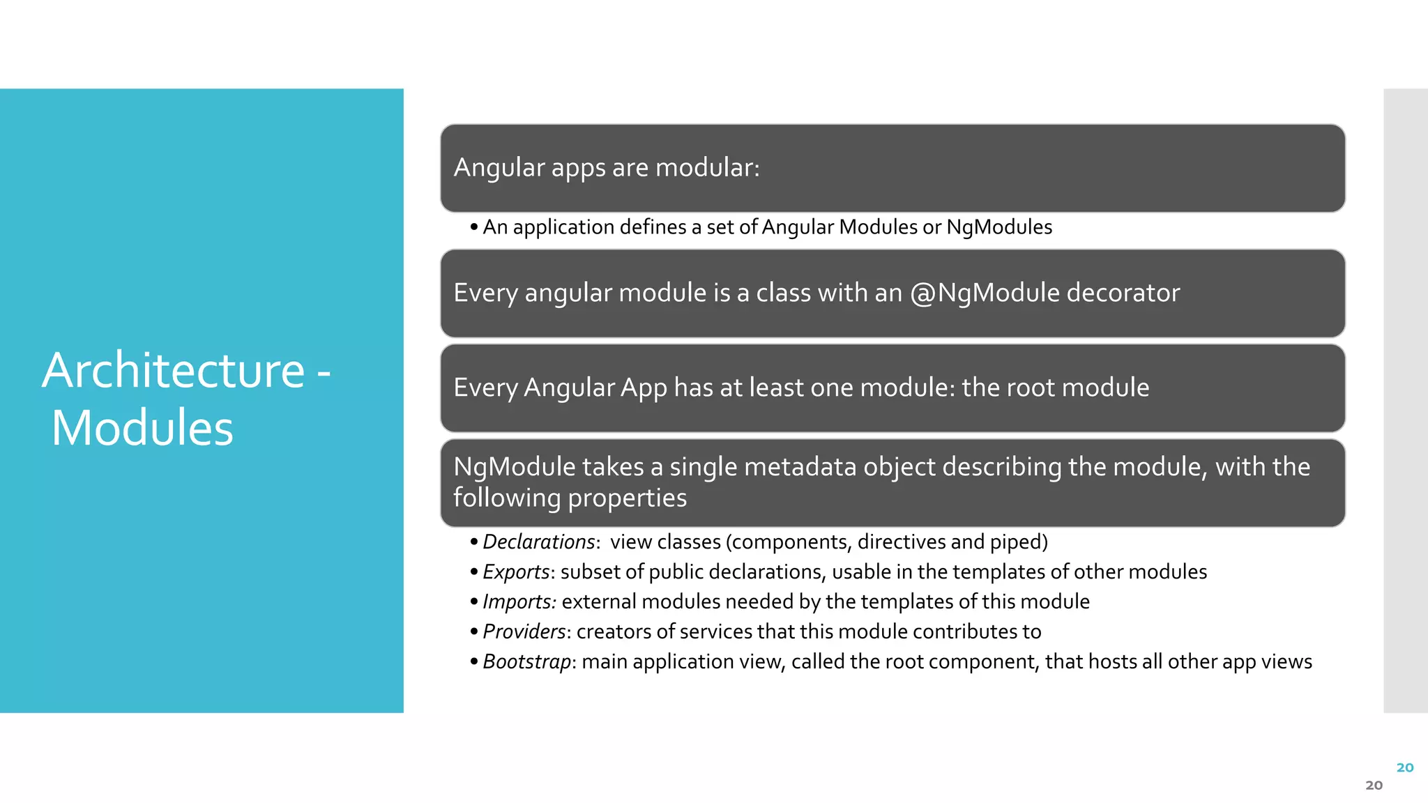 20 Architecture - Modules 20 Angular apps are modular: • An application defines a set of Angular Modules or NgModules Every angular module is a class with an @NgModule decorator Every Angular App has at least one module: the root module NgModule takes a single metadata object describing the module, with the following properties • Declarations: view classes (components, directives and piped) • Exports: subset of public declarations, usable in the templates of other modules • Imports: external modules needed by the templates of this module • Providers: creators of services that this module contributes to • Bootstrap: main application view, called the root component, that hosts all other app views 