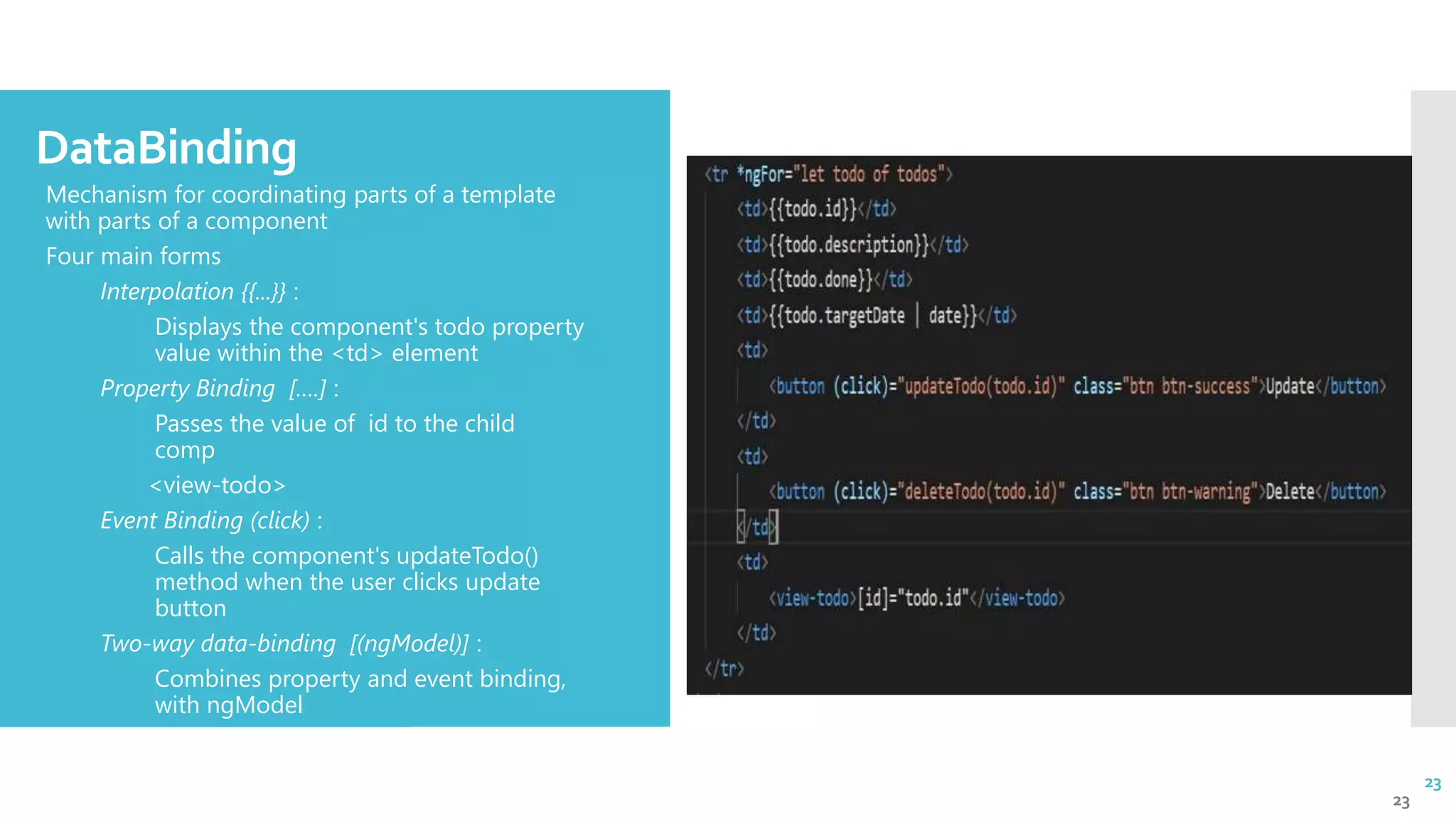 23 DataBinding  Mechanism for coordinating parts of a template with parts of a component  Four main forms  Interpolation {{...}} :  Displays the component's todo property value within the <td> element  Property Binding [….] :  Passes the value of id to the child comp  <view-todo>  Event Binding (click) :  Calls the component's updateTodo() method when the user clicks update button  Two-way data-binding [(ngModel)] :  Combines property and event binding, with ngModel 23 