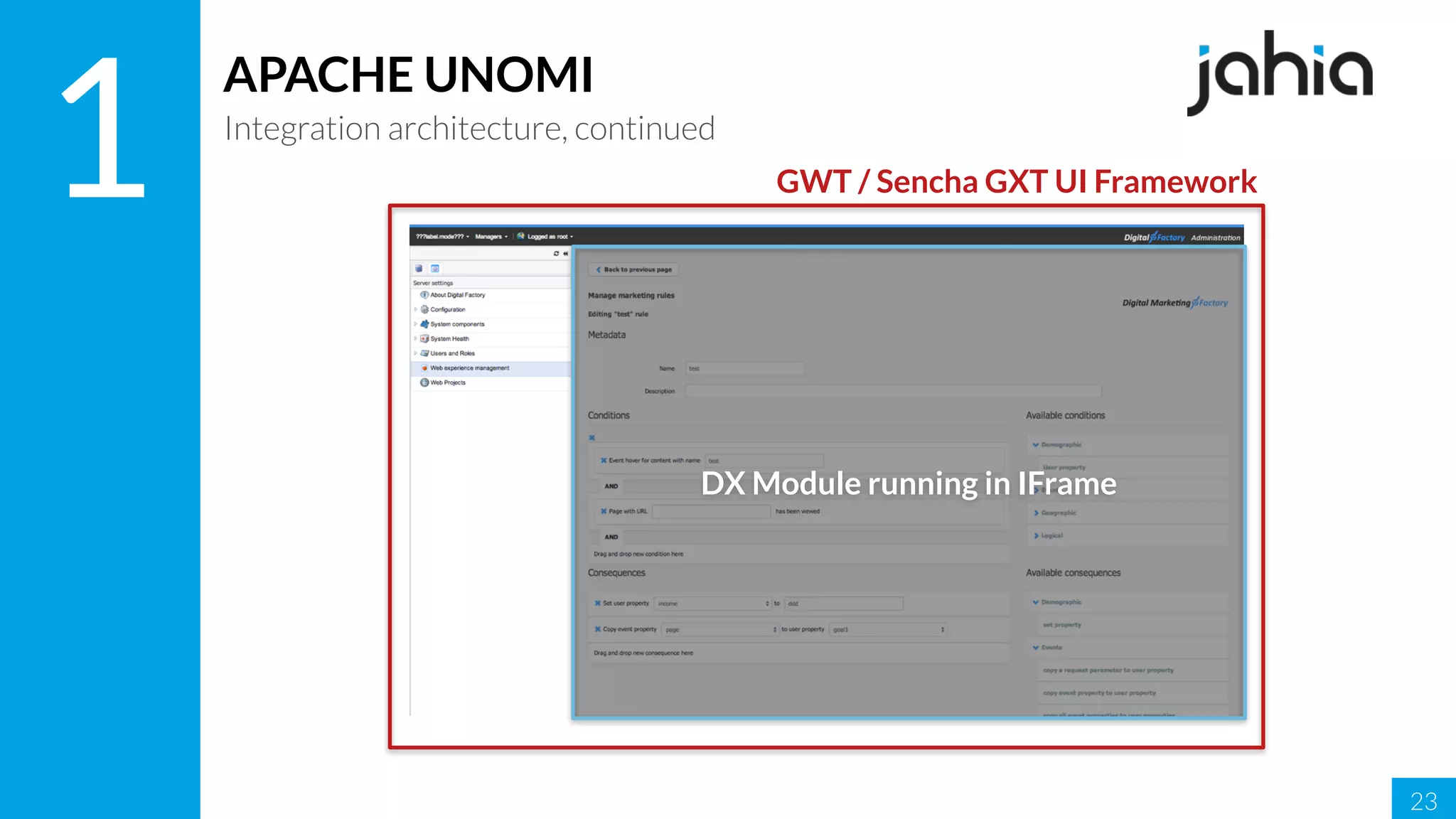 23
1
APACHE UNOMI
Integration architecture, continued
GWT / Sencha GXT UI Framework
DX Module running in IFrame
 
