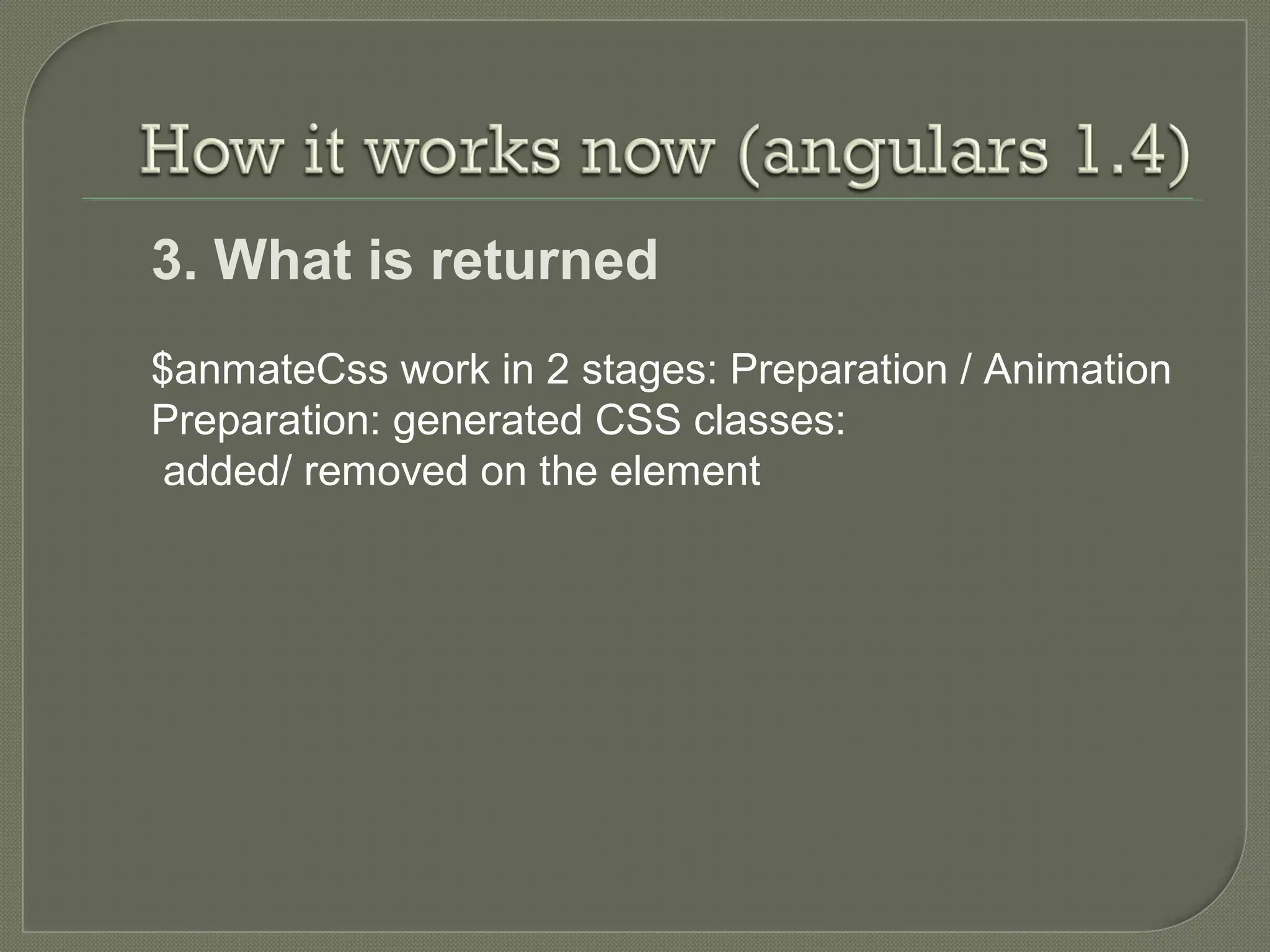3. What is returned $anmateCss work in 2 stages: Preparation / Animation Preparation: generated CSS classes: added/ removed on the element 