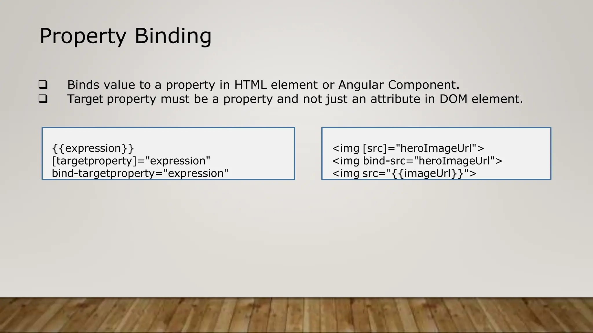 Property Binding
 Binds value to a property in HTML element or Angular Component.
 Target property must be a property and not just an attribute in DOM element.
{{expression}}
[targetproperty]="expression"
bind-targetproperty="expression"
<img [src]="heroImageUrl">
<img bind-src="heroImageUrl">
<img src="{{imageUrl}}">
 