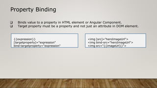 Property Binding
 Binds value to a property in HTML element or Angular Component.
 Target property must be a property and not just an attribute in DOM element.
{{expression}}
[targetproperty]="expression"
bind-targetproperty="expression"
<img [src]="heroImageUrl">
<img bind-src="heroImageUrl">
<img src="{{imageUrl}}">
 