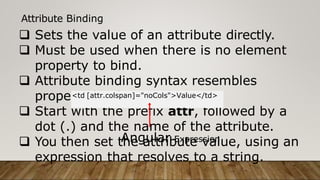 Attribute Binding
 Sets the value of an attribute directly.
 Must be used when there is no element
property to bind.
 Attribute binding syntax resembles
property binding.
 Start with the prefix attr, followed by a
dot (.) and the name of the attribute.
 You then set the attribute value, using an
expression that resolves to a string.
<td [attr.colspan]="noCols">Value</td>
Angular Expression
 
