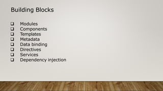 Building Blocks
 Modules
 Components
 Templates
 Metadata
 Data binding
 Directives
 Services
 Dependency injection
 