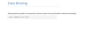 Data Binding
Binding JavaScript variable to the input field, and also to capture the input field data is called Two way binding
 