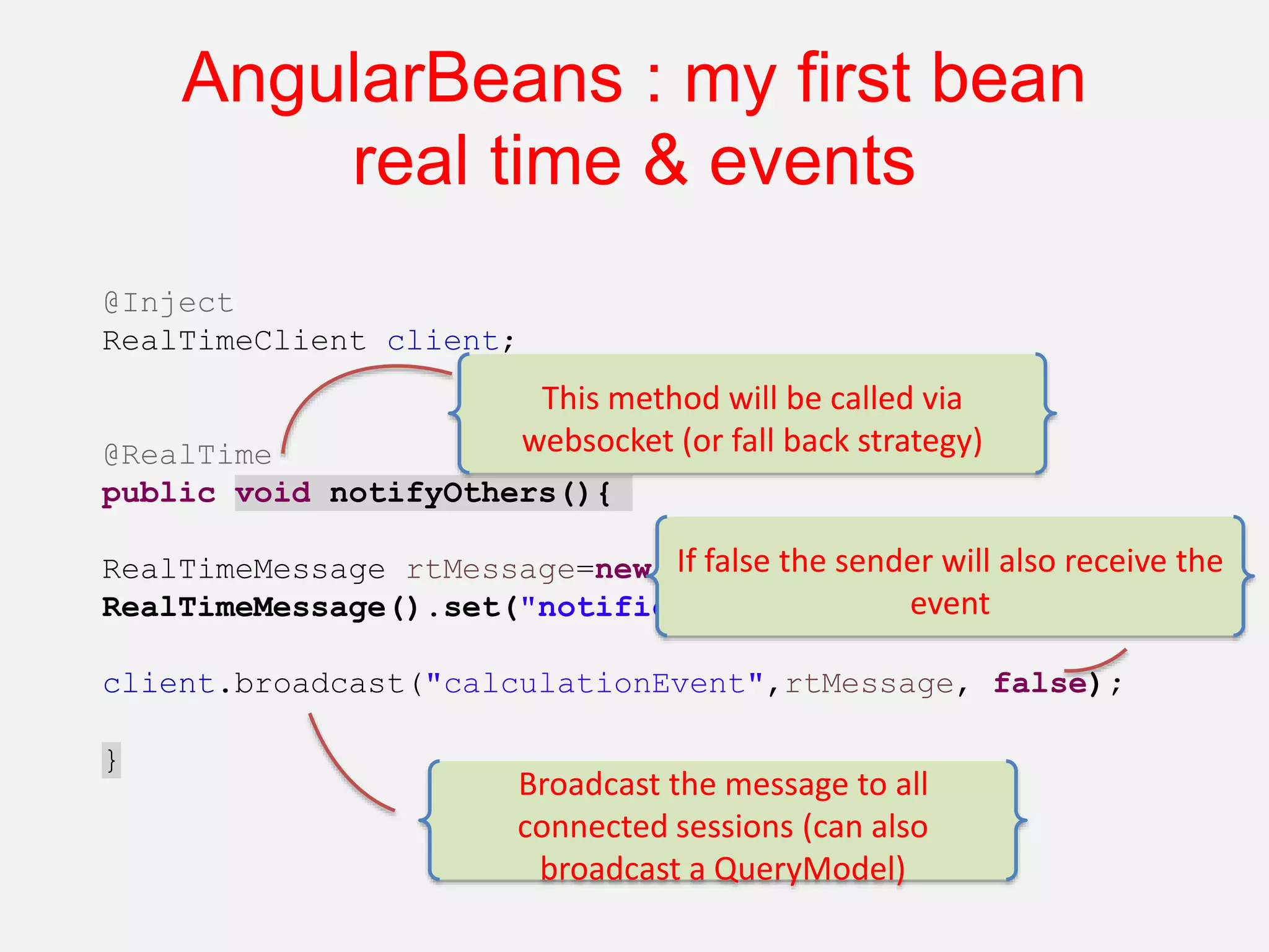 AngularBeans : my first bean real time & events @Inject RealTimeClient client; @RealTime public void notifyOthers(){ RealTimeMessage rtMessage=new RealTimeMessage().set("notification", "someData"); client.broadcast("calculationEvent",rtMessage, false); } This method will be called via websocket (or fall back strategy) Broadcast the message to all connected sessions (can also broadcast a QueryModel) If false the sender will also receive the event 