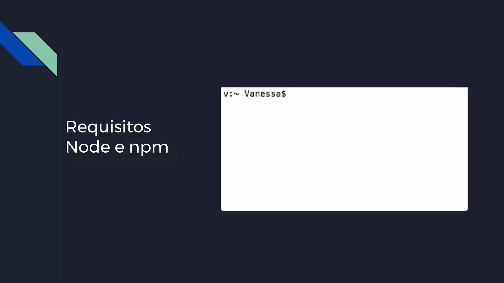 #pracegover: imagem animada do
terminal, digitando os comandos node -v e
npm -v
Requisitos
Node e npm
 