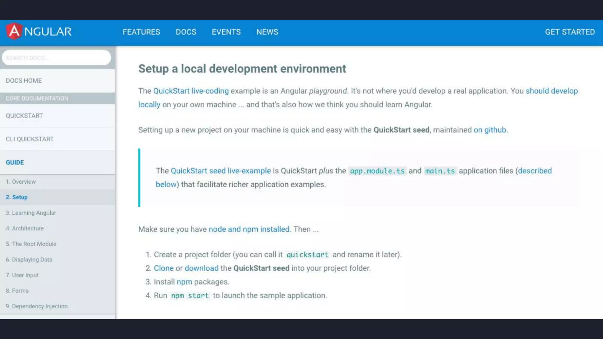 Antigamente, tinha um passo a passo no
site, para baixar uma Quickstart seed.
https://github.com/angular/angular2-seed
#pracegover: imagem do site antigo do
Angular
 