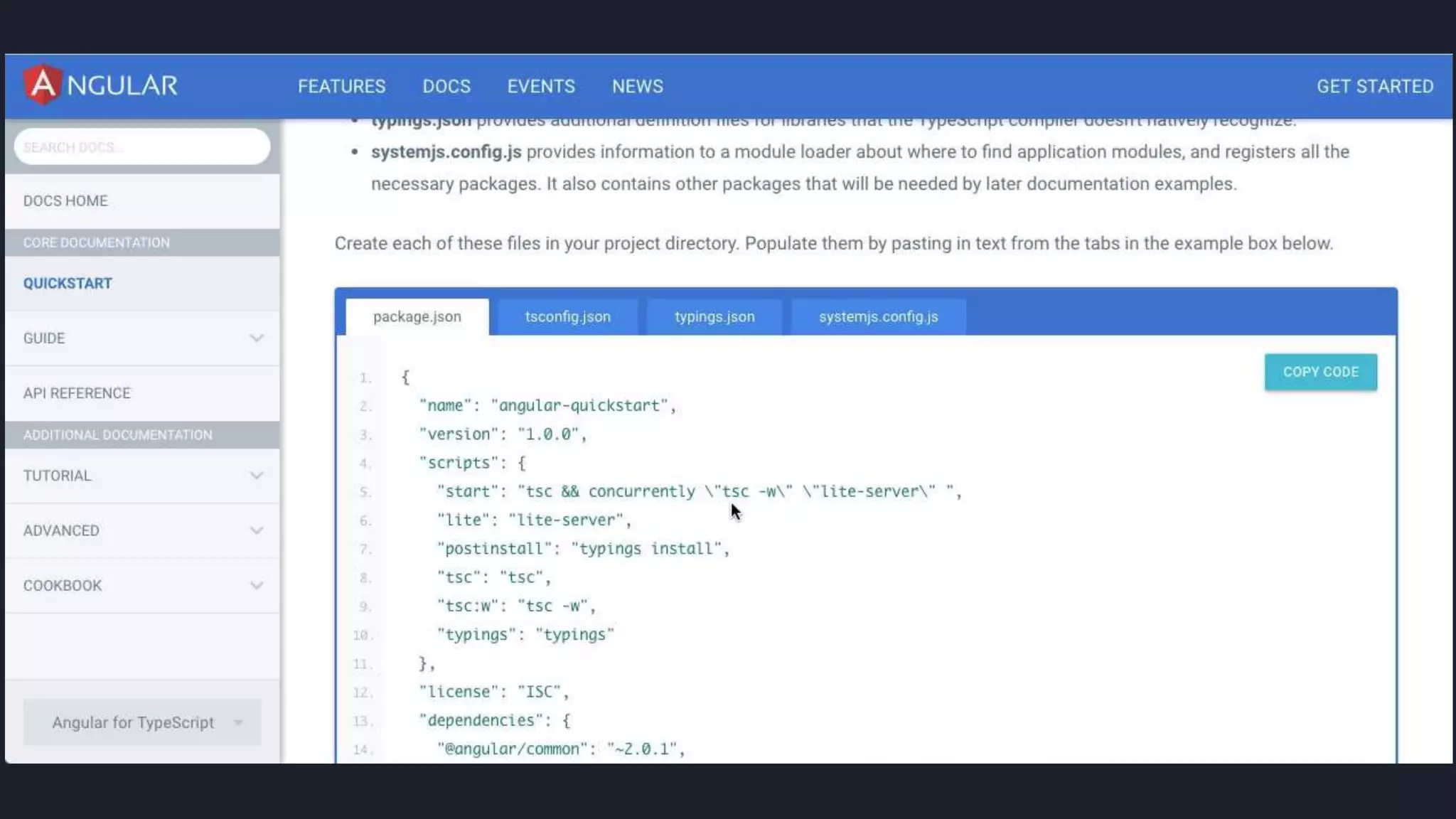 E tinha que subir um servidor node pra
rodar? Eu fiquei um tempão tentando
entender como uma coisa se ligava a outra
#pracegover: imagem do site antigo do
Angular com abas para baixar cada arquivo
de configuração.
 